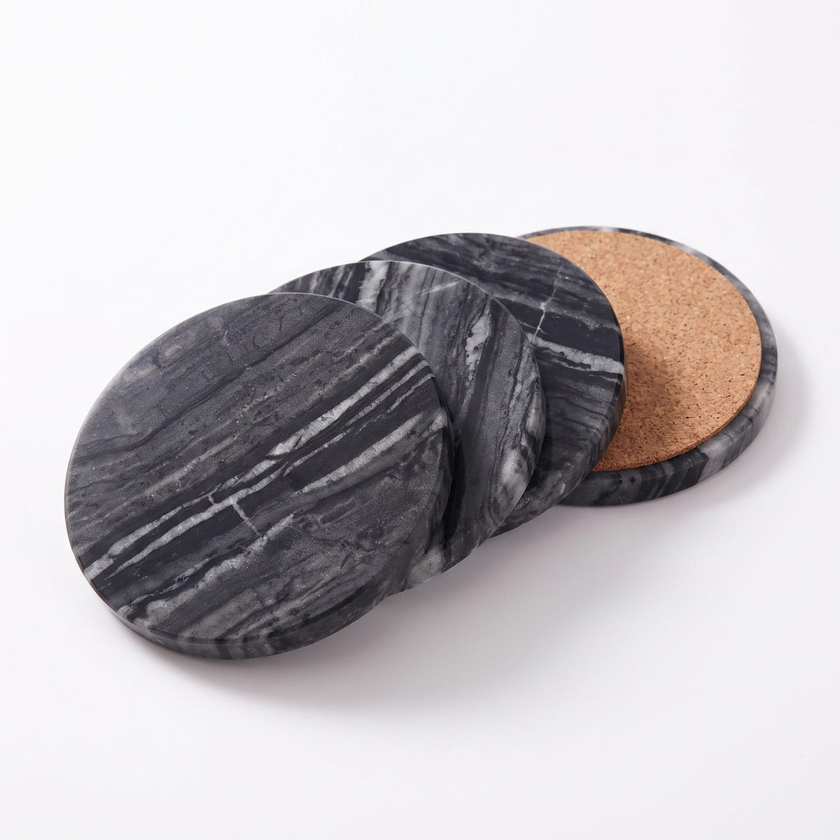 Midnight Black Marble Coasters Set of 4 with Cork Backing