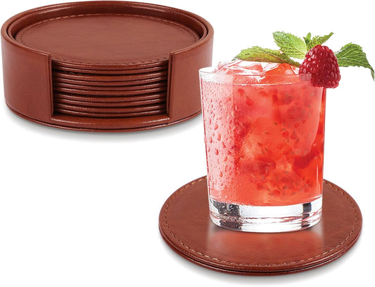 Leather Coasters Set of 6 with Holder, Tabletop Protection, Coffee Table & Bar Decoration, Modern-Style Drink Coasters Suitable for Home Dining Tables & Kitchen Accessories (Brown)