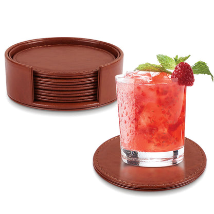 Leather Coasters Set of 6 with Holder, Tabletop Protection, Coffee Table & Bar Decoration, Modern-Style Drink Coasters Suitable for Home Dining Tables & Kitchen Accessories (Brown)