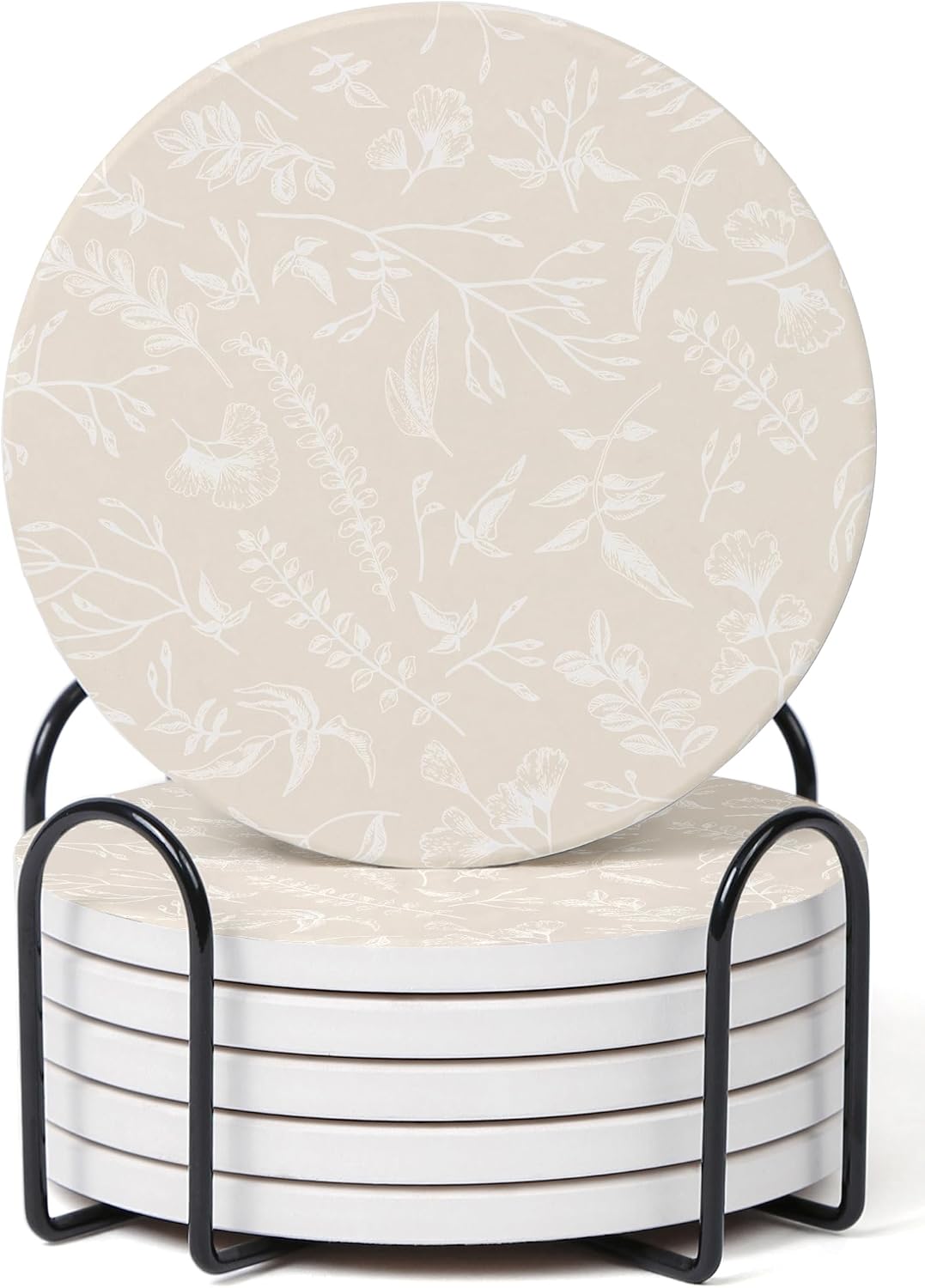 Set of 6 Floral Blue and White Coasters with Holder, Absorbent Ceramic Drink Coasters with Cork Backing for Table Protection, Coffee Table Décor