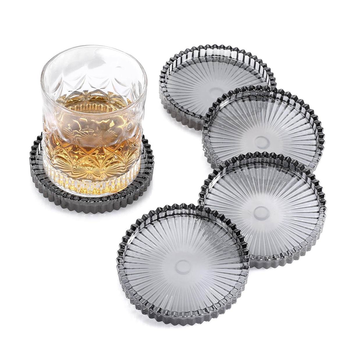 Modern Clear Coaster Set of 5- Glass Coasters for Drinks, Clear Pink