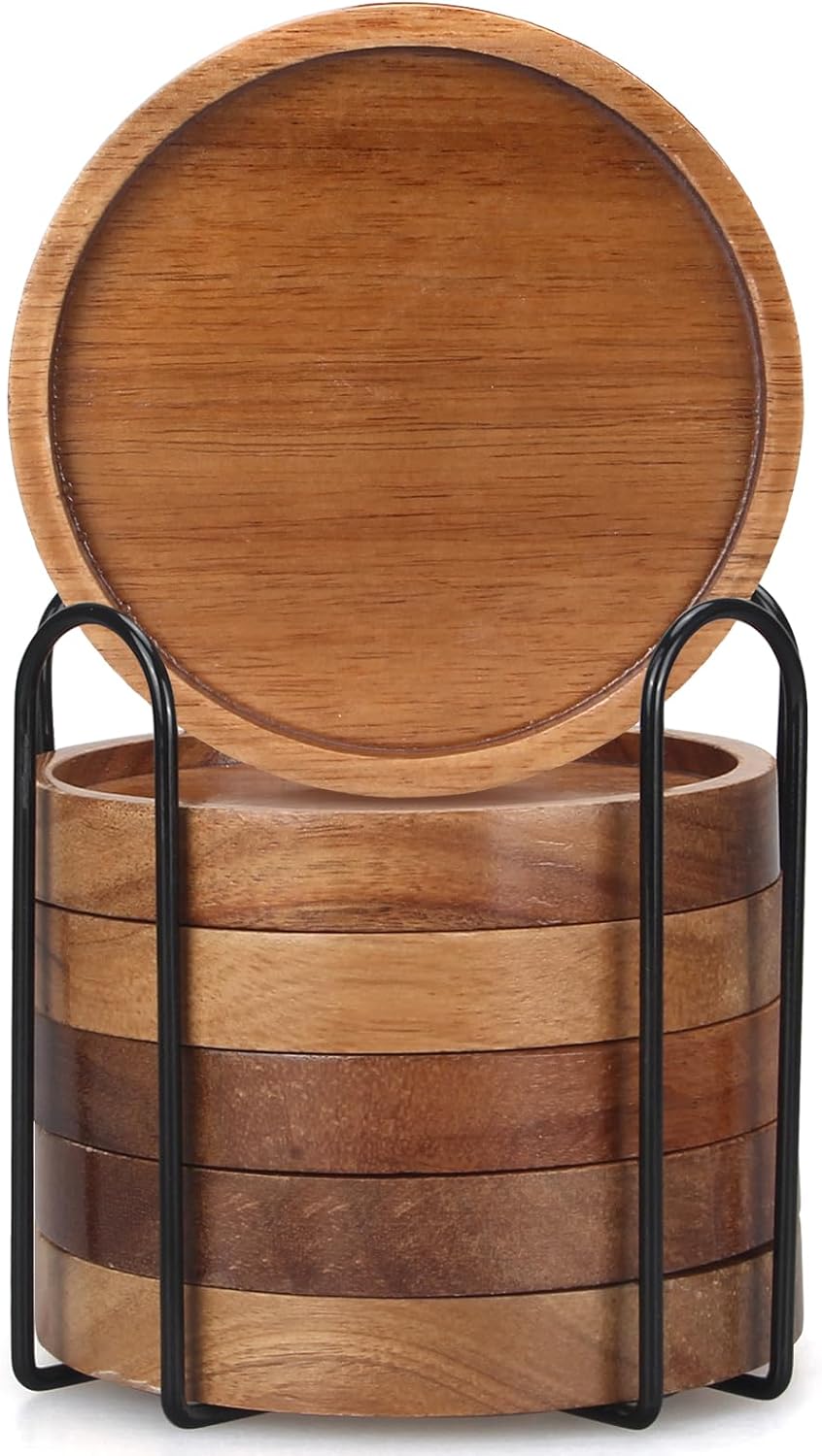Wooden Coaster Set of 6 Coffee Table Decor Bar Cup Drink Coasters Holder