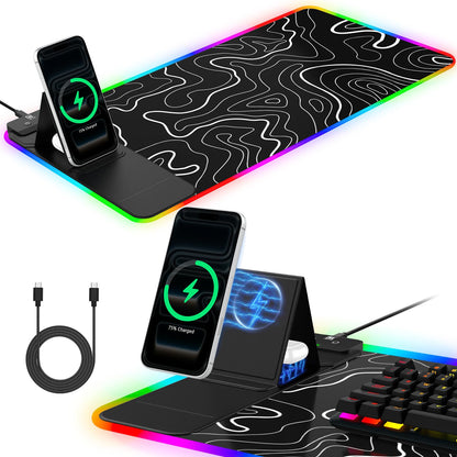 XXL Mouse Pad with Phone Holder - Black, RGB Desk Mat with 15W Fast Charging, LED Gaming Mousepad with 11 Light Colors, Waterproof Non-Slip Pad for Office & Home (Black with PD Adapter)