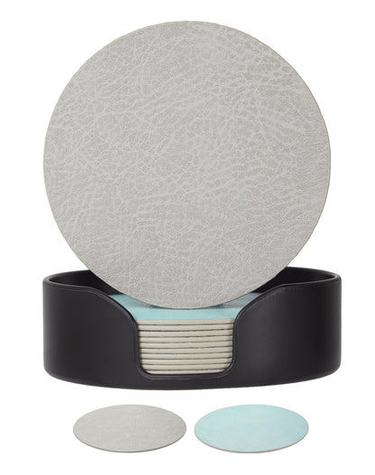 Reversible Leather Coasters Set of 18 with Holder, 4" Round Waterproof Heat-Resistant Non-Slip Cup Mats for Coffee Table, Bar, Dining Room
