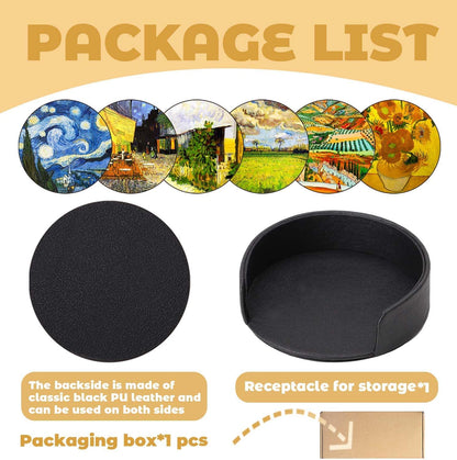 Coasters Set of 6 - Van Gogh Style PU Leather Coasters for Drinks with Holder - Handmade Round Drink Coasters Set for Home Decor and Housewarming Gift