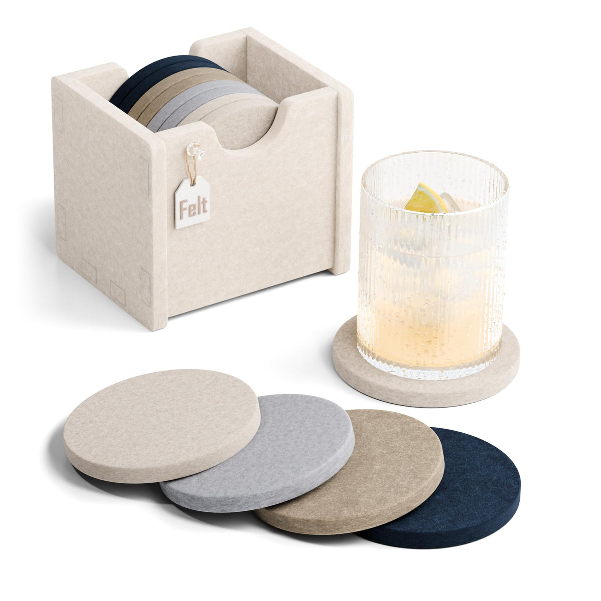 Fluxynara Felt Coasters with Holder, Set of 8 for Drinks, Sage