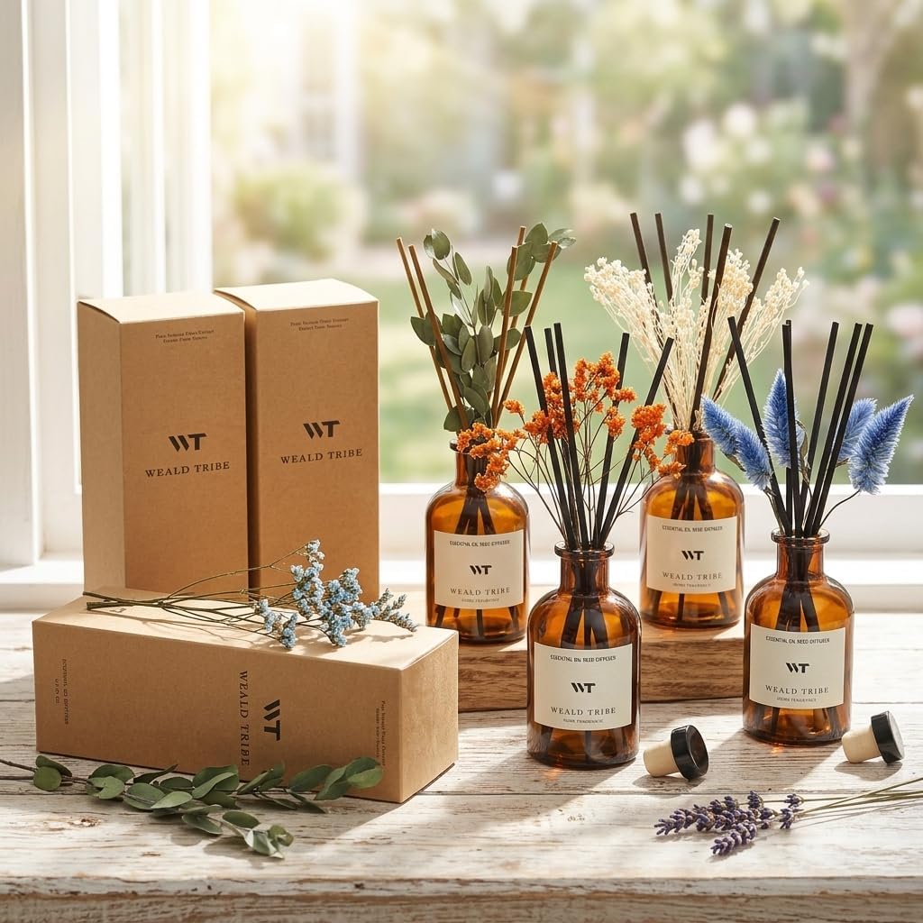 WEALD TRIBE Flower Reed Diffuser Set Eucalyptus & Lavender Scent for Room Bathroom Accessories Shelf Decor & Air Fresheners, Sticks Defusers with 4.0 fl oz Home Fragrance Oils, Office Gift