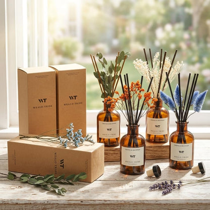 WEALD TRIBE Flower Reed Diffuser Set Eucalyptus & Lavender Scent for Room Bathroom Accessories Shelf Decor & Air Fresheners, Sticks Defusers with 4.0 fl oz Home Fragrance Oils, Office Gift