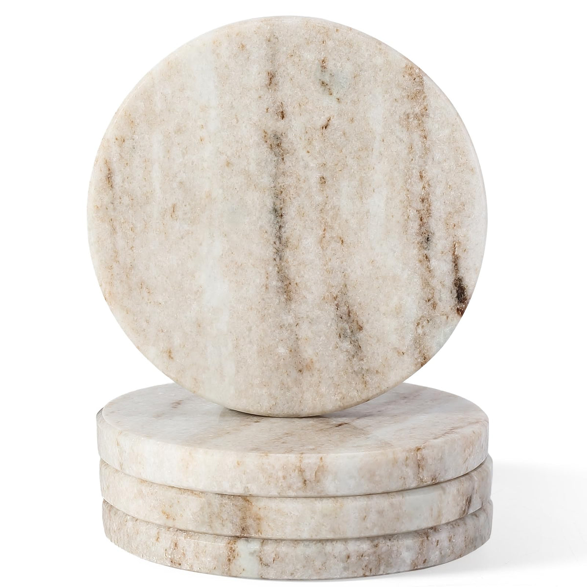 Koville Marble Coaster Set of 4, Round White Coasters, 4" Cup Coasters for Drinks, Heat Resistant Coaster for Coffee Table Home Office Bar Decor(Namib Fantasy)