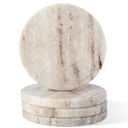Koville Marble Coaster Set of 4, Round White Coasters, 4" Cup Coasters for Drinks, Heat Resistant Coaster for Coffee Table Home Office Bar Decor(Namib Fantasy)