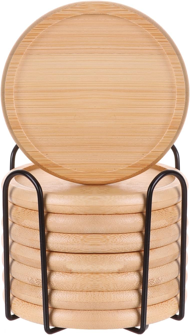 4 Inch Bamboo Drink Coasters Set with Holder, Non-Slip and Non-Stick,Protect Furniture from Water Stains and Heat Damage，Suitable for Dining Tables, Kitchens, Offices, Bars,Terrace. 【8 Pack】