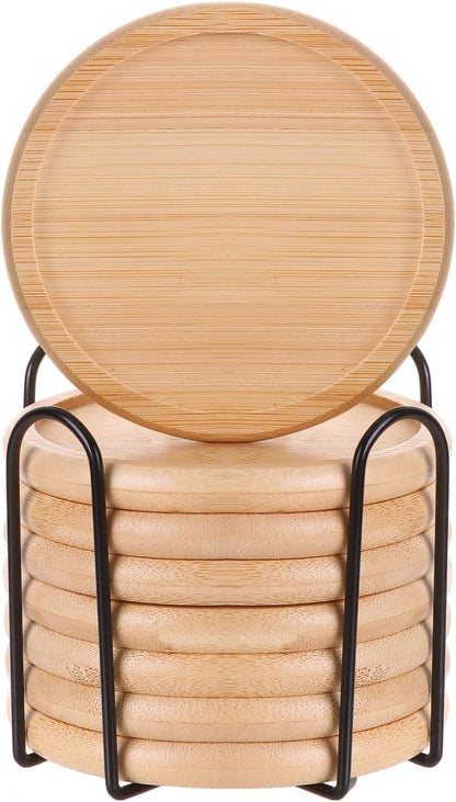 4 Inch Bamboo Drink Coasters Set with Holder, Non-Slip and Non-Stick,Protect Furniture from Water Stains and Heat Damage，Suitable for Dining Tables, Kitchens, Offices, Bars,Terrace. 【8 Pack】