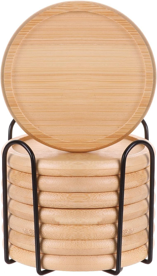 4 Inch Bamboo Drink Coasters Set with Holder, Non-Slip and Non-Stick,Protect Furniture from Water Stains and Heat Damage，Suitable for Dining Tables, Kitchens, Offices, Bars,Terrace. 【8 Pack】