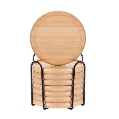 4 Inch Bamboo Drink Coasters Set with Holder, Non-Slip and Non-Stick,Protect Furniture from Water Stains and Heat Damage，Suitable for Dining Tables, Kitchens, Offices, Bars,Terrace. 【8 Pack】