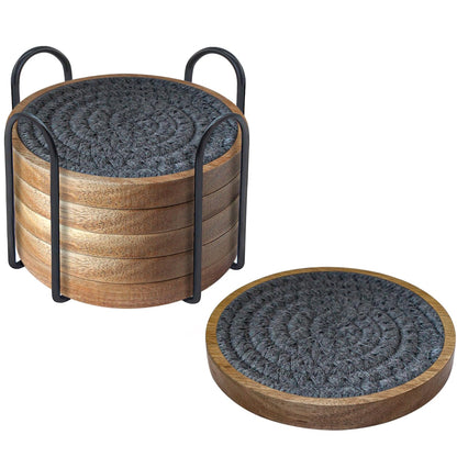 Eykao 5 Pack Coasters for Drinks Absorbent, 4.3 inches Woven Coasters for Coffee Tables, Wooden Drink Coasters for Table Protection, Reusable Drink Coasters for Kitchen, Farmhouse, Bar, Office, Brown