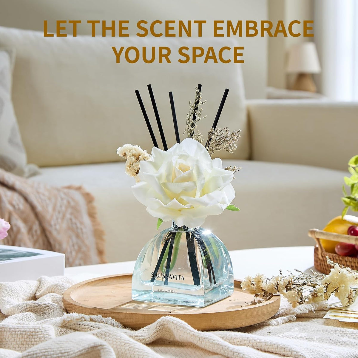 Reed Diffusers Set Flower Scented Diffuser for 140 Days, Flower Diffuser 8.5 fl oz with Dried Flowers and Decorative Rose, Long Lasting Home Fragrance with 10 Sticks for Bathroom, Shelf, Office Decor