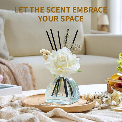 Reed Diffusers Set Flower Scented Diffuser for 140 Days, Flower Diffuser 8.5 fl oz with Dried Flowers and Decorative Rose, Long Lasting Home Fragrance with 10 Sticks for Bathroom, Shelf, Office Decor