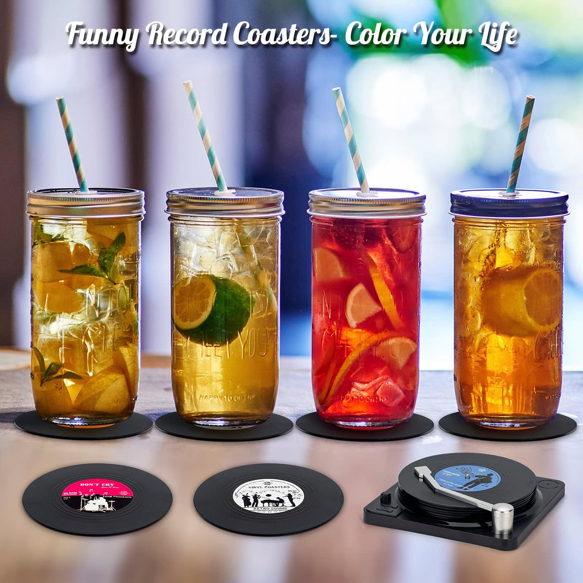 Retro Vinyl Record Coasters with Player, Set of 6 Music Coasters for Drinks