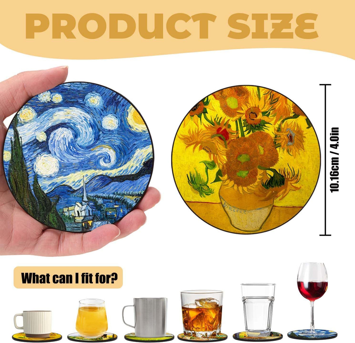 Coasters Set of 6 - Van Gogh Style PU Leather Coasters for Drinks with Holder - Handmade Round Drink Coasters Set for Home Decor and Housewarming Gift