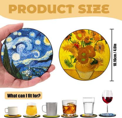 Coasters Set of 6 - Van Gogh Style PU Leather Coasters for Drinks with Holder - Handmade Round Drink Coasters Set for Home Decor and Housewarming Gift