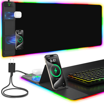 Wireless Charging RGB Mouse Pad with Phone Stand, Large Gaming Desk Mat
