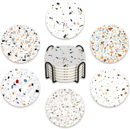 Terrazzo Ceramic Coasters with Holder Set of 6