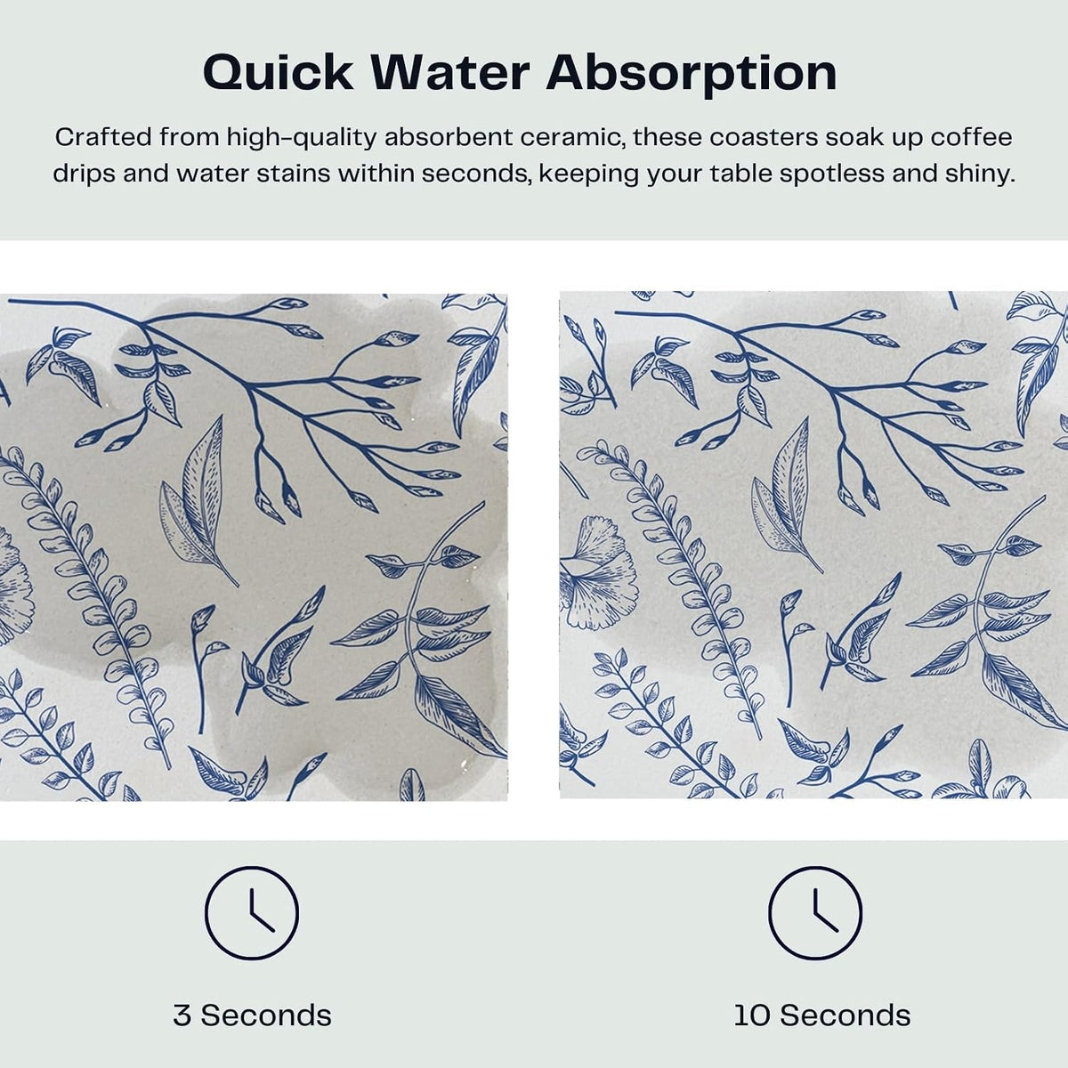 Set of 6 Floral Blue and White Coasters with Holder, Absorbent Ceramic Drink Coasters with Cork Backing for Table Protection, Coffee Table Décor
