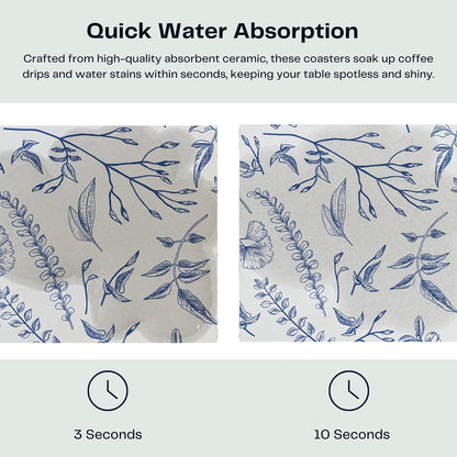 Set of 6 Floral Blue and White Coasters with Holder, Absorbent Ceramic Drink Coasters with Cork Backing for Table Protection, Coffee Table Décor