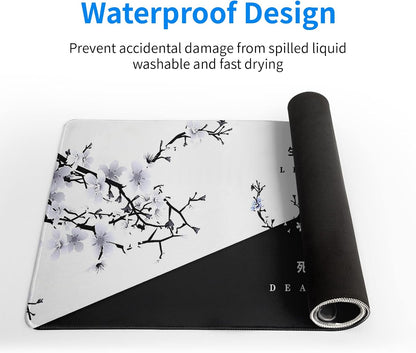 Black and White Japanese Cherry Blossom Gaming Mouse Pad Sakura Death Life Flower Mat 31.5x11.8 Inch Texture Non-Slip Rubber Base Mousepad Stitched Edges Keyboard Desk Pad for Office Home Game