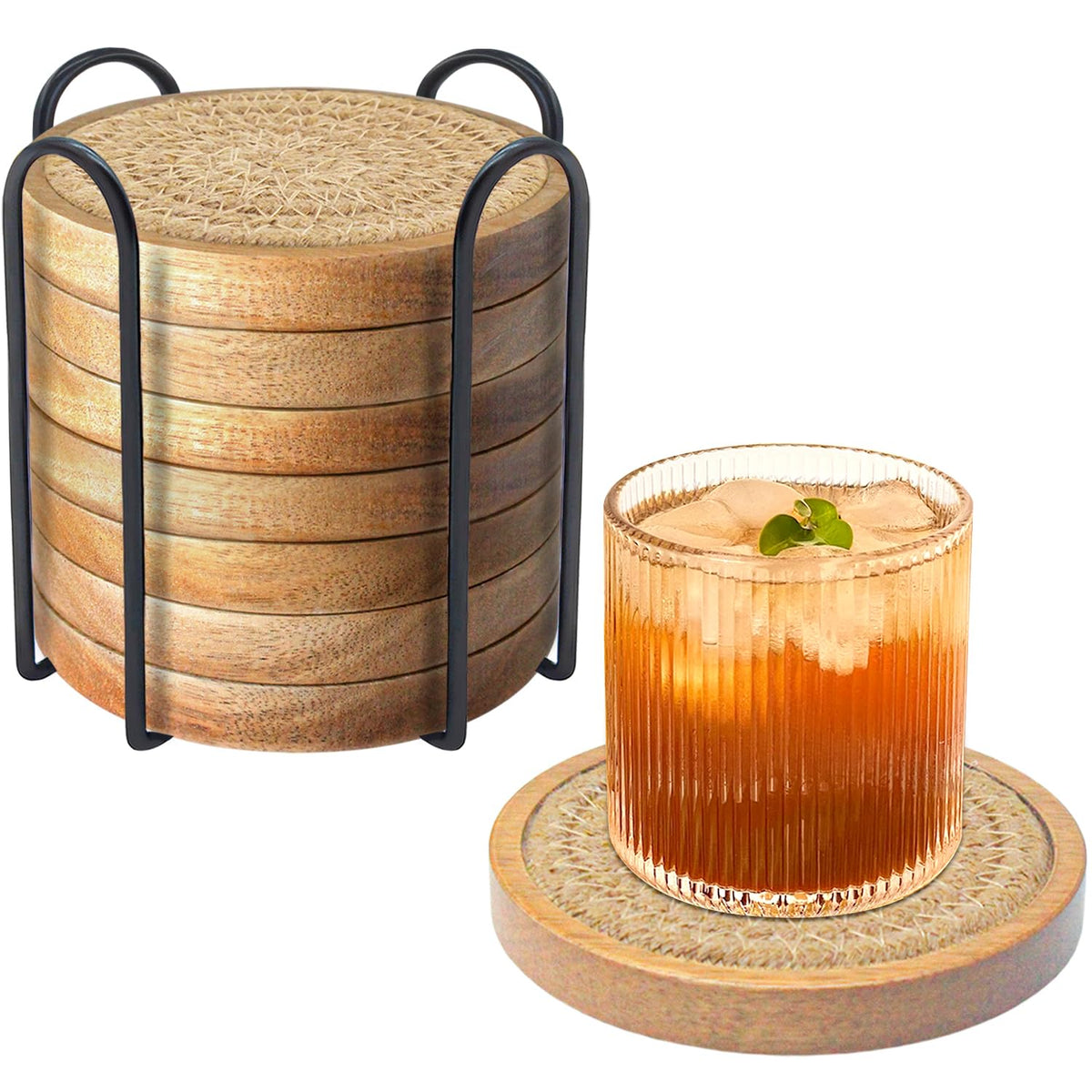 Eykao 5 Pack Coasters for Drinks Absorbent, 4.3 inches Woven Coasters for Coffee Tables, Wooden Drink Coasters for Table Protection, Reusable Drink Coasters for Kitchen, Farmhouse, Bar, Office, Brown