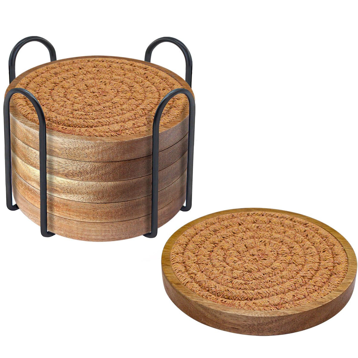 Eykao 5 Pack Coasters for Drinks Absorbent, 4.3 inches Woven Coasters for Coffee Tables, Wooden Drink Coasters for Table Protection, Reusable Drink Coasters for Kitchen, Farmhouse, Bar, Office, Brown