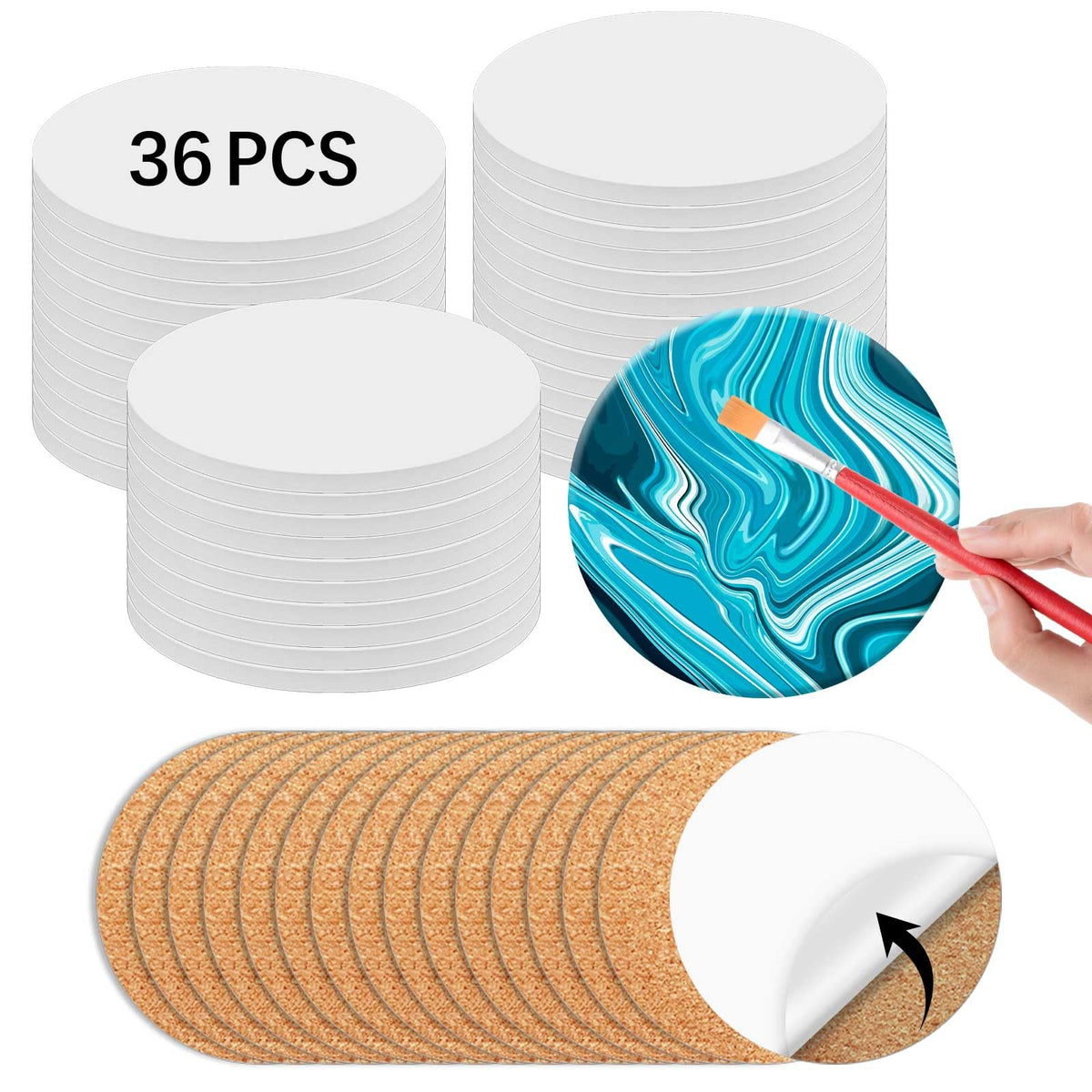 24 Pcs Round Ceramic Tiles for Crafts 4x4 inches，Equipped with self Adhesive Cork mat, unglazed Ceramic Coasters for Crafts,Use with Alcohol Ink or Acrylic Pouring Make Your Own DIY Coasters