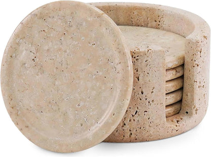 Travertine Coasters Set of 6 with Holder Round 3.5 Inch