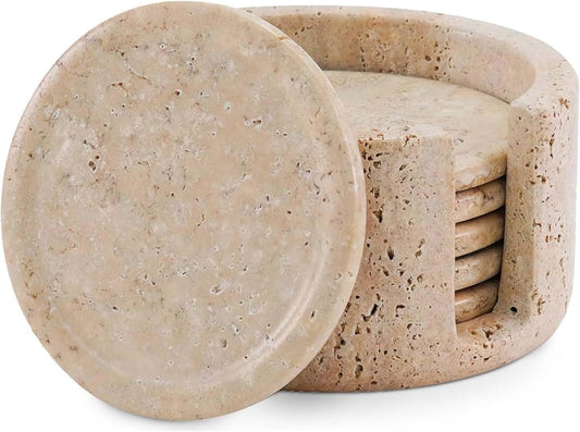 Travertine Coasters Set of 6 with Holder Round 3.5 Inch