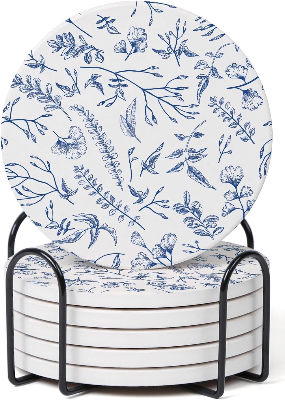 Set of 6 Floral Blue and White Coasters with Holder, Absorbent Ceramic Drink Coasters with Cork Backing for Table Protection, Coffee Table Décor