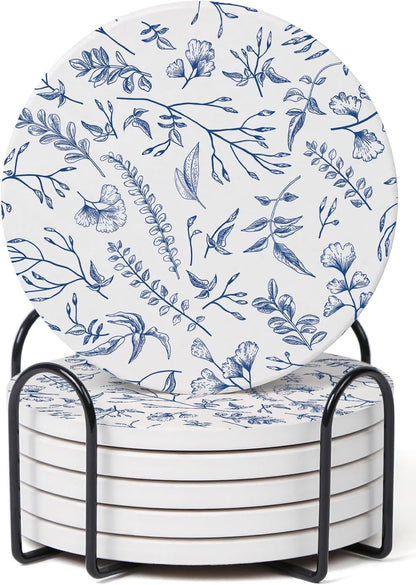 Set of 6 Floral Blue and White Coasters with Holder, Absorbent Ceramic Drink Coasters with Cork Backing for Table Protection, Coffee Table Décor