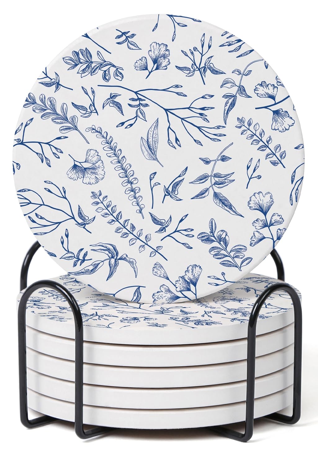 Set of 6 Floral Blue and White Coasters with Holder, Absorbent Ceramic Drink Coasters with Cork Backing for Table Protection, Coffee Table Décor