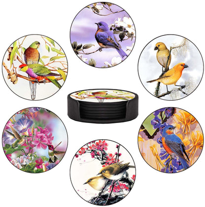 Coasters Set of 6 - Van Gogh Style PU Leather Coasters for Drinks with Holder - Handmade Round Drink Coasters Set for Home Decor and Housewarming Gift