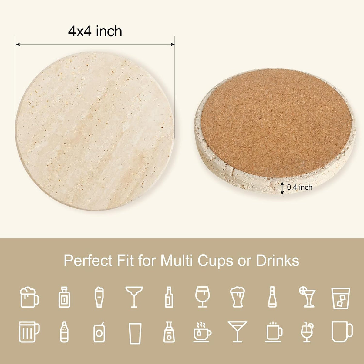 Natural Travertine Marble Coasters Set of 6-4" Round