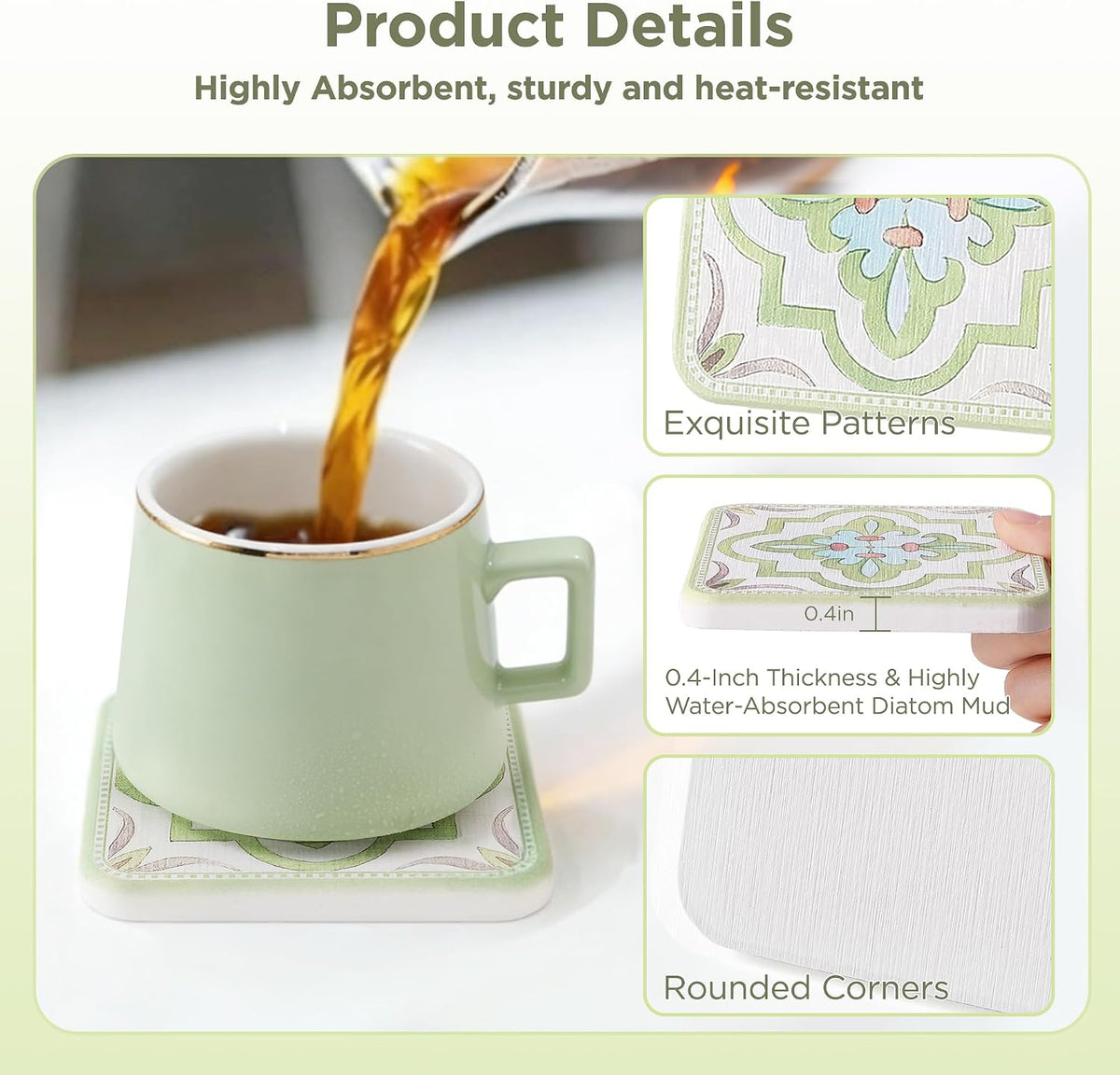 Coasters Set of 4, Square Drink Coasters Vintage Diatomite Coaster Cup Mats