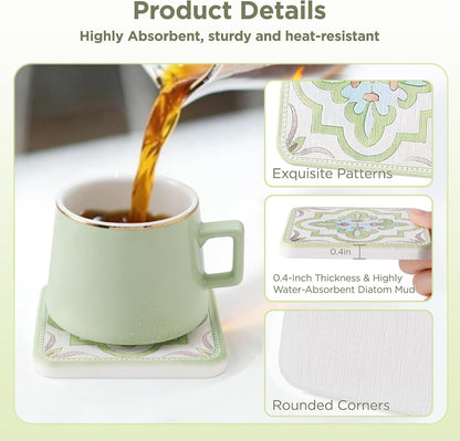 Coasters Set of 4, Square Drink Coasters Vintage Diatomite Coaster Cup Mats