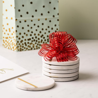 Cork & Mill Marble Coasters with Gold Brass Inlay, White, Set of 6