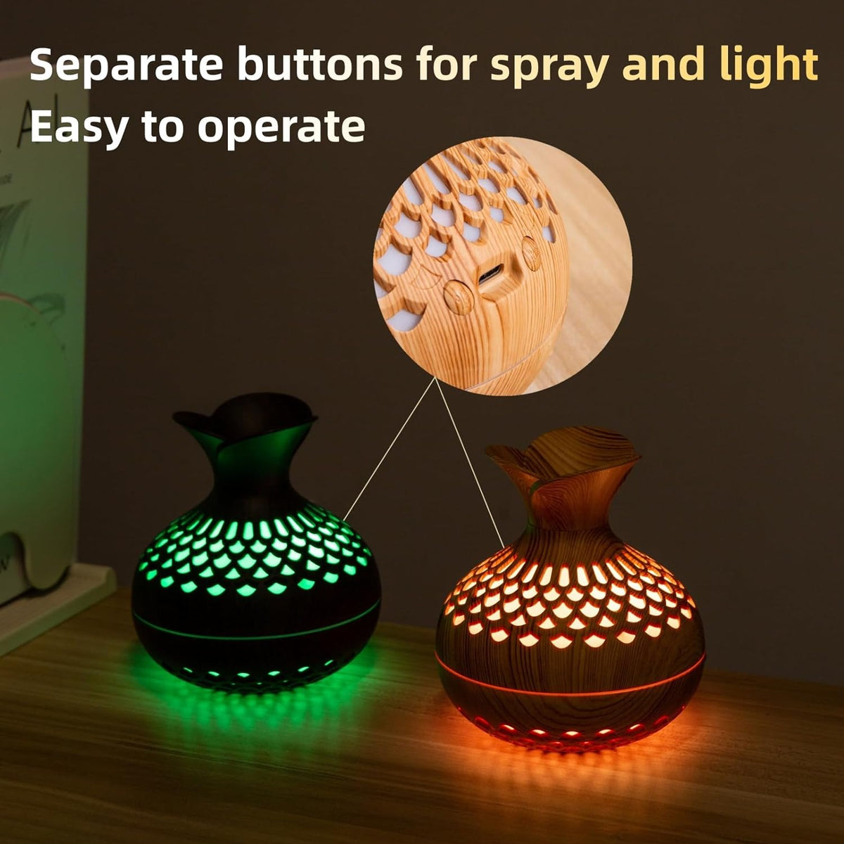 Colorful Cool Mini Humidifier, Flower Shape USB Personal Desktop Humidifier for Car, Office Room, Bedroom,etc. 2 Mist Modes, 7 colors,Super Quiet (Lightwood)