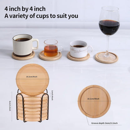 4 Inch Bamboo Drink Coasters Set with Holder, Non-Slip and Non-Stick,Protect Furniture from Water Stains and Heat Damage，Suitable for Dining Tables, Kitchens, Offices, Bars,Terrace. 【8 Pack】
