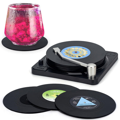 Retro Vinyl Record Coasters with Player, Set of 6 Music Coasters for Drinks