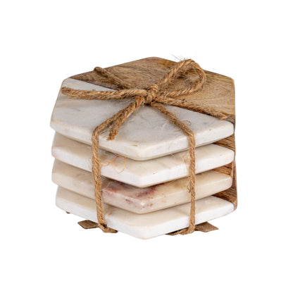 Creative Co-Op 4-Piece Marble and Mango Wood Hexagon Coasters, White and Natural