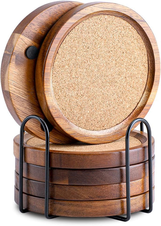 WLWNWFT Wood Cork Coasters for Drinks Absorbent with Holder, WLWNWFT Acacia Wood Coaster Sets Rustic Farmhouse for Coffee Table Dining Table Wooden Table Coasters for Desk, Set of 6 4.33in