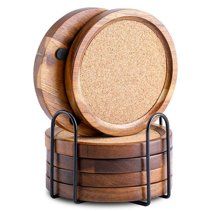 WLWNWFT Wood Cork Coasters for Drinks Absorbent with Holder, WLWNWFT Acacia Wood Coaster Sets Rustic Farmhouse for Coffee Table Dining Table Wooden Table Coasters for Desk, Set of 6 4.33in