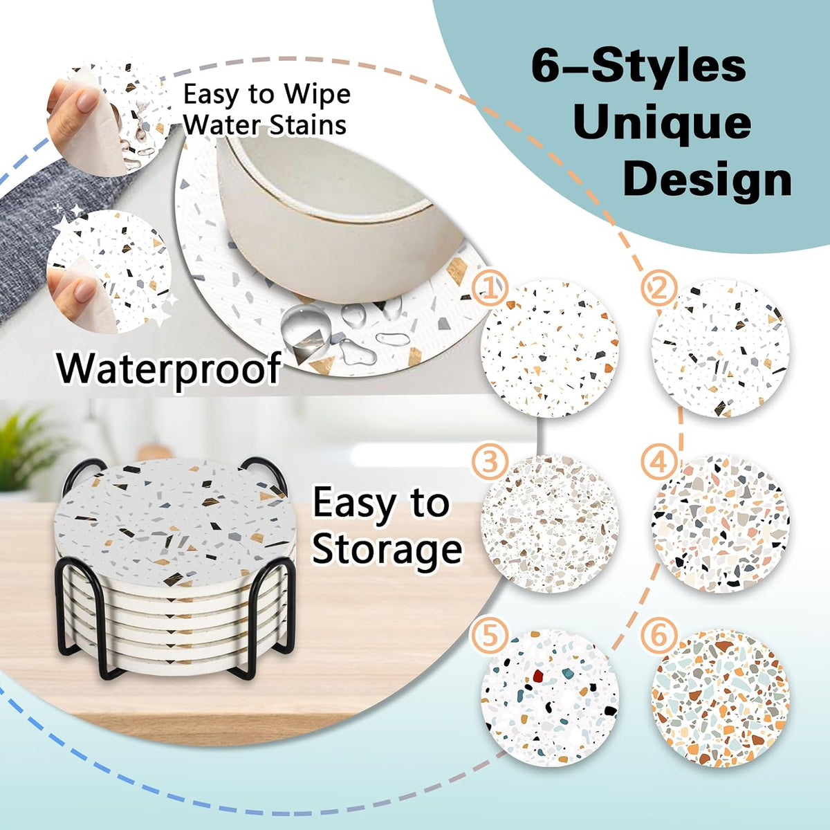Terrazzo Ceramic Coasters with Holder Set of 6