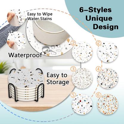 Terrazzo Ceramic Coasters with Holder Set of 6